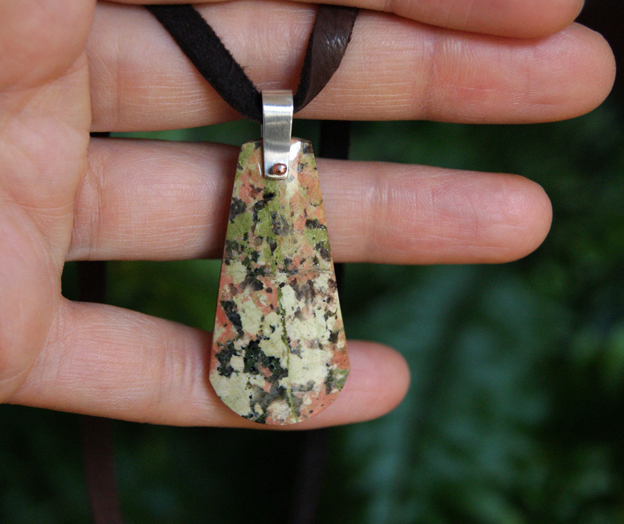 Unakite, silver, and pink gold pendant
