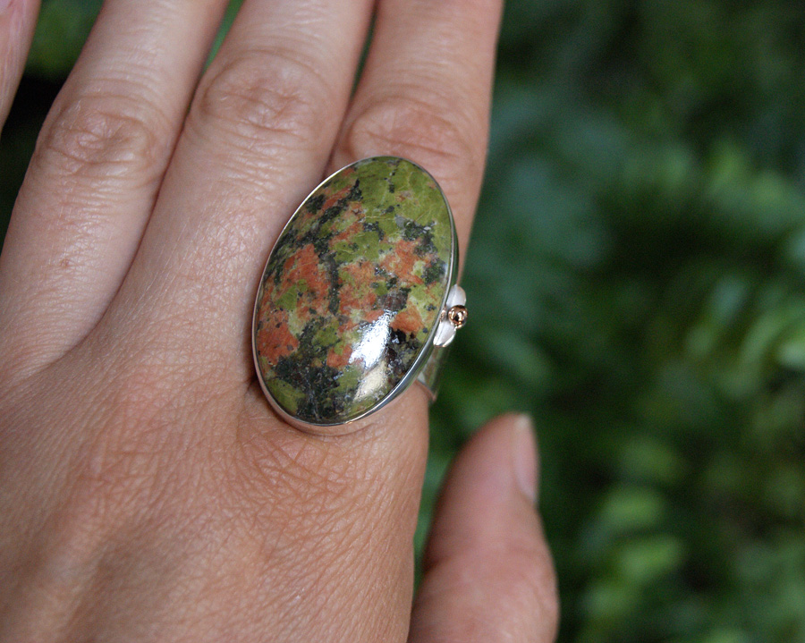 Unakite, silver, and pink gold cocktail ring
